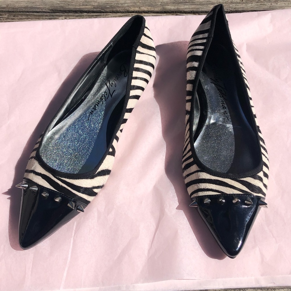 Beverly Feldman Zebra Print Pointed Toe Flats with Black Patent Tips